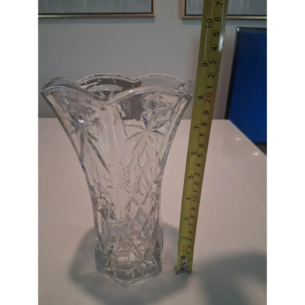 Vtg 1960s Anchor Hocking Prescut Star of David Clear Glass Flower Vase 8.5